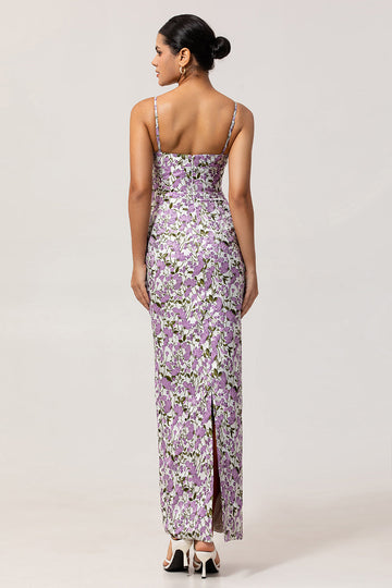 Purple Floral Sheath Printed Spaghetti Straps Long Bridesmaid Dress